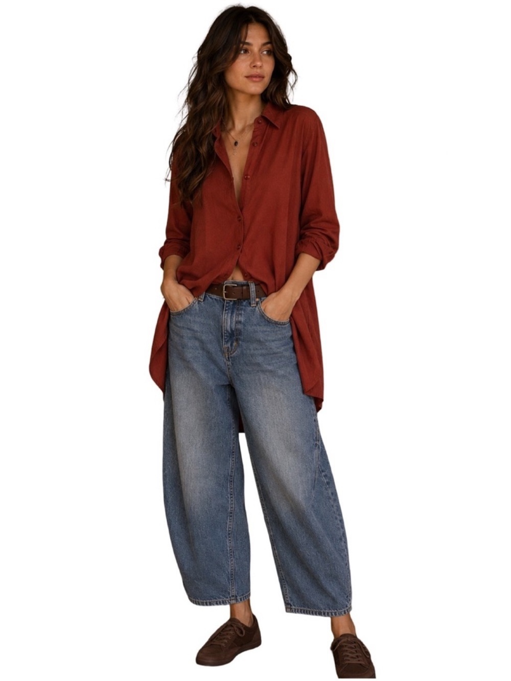 Free People Rust Red Tunic Top Size Large Linen Blend Fall Wardrobe Lagenlook